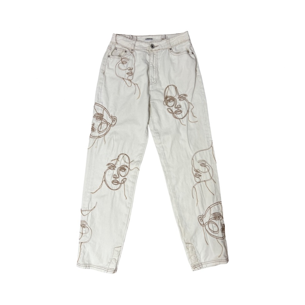 White High-Rise Jeans with Brown Abstract Face Embroidery